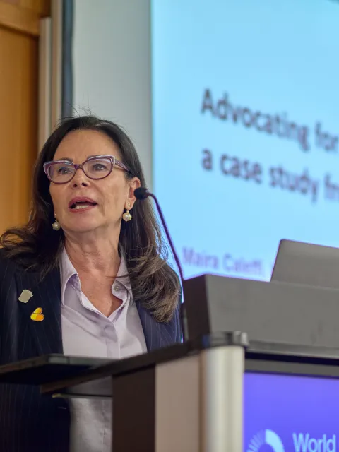 Maira Caleffi speaking at the World Cancer Congress 2022